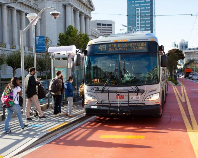 People board a 49 Van Ness/Mission bus