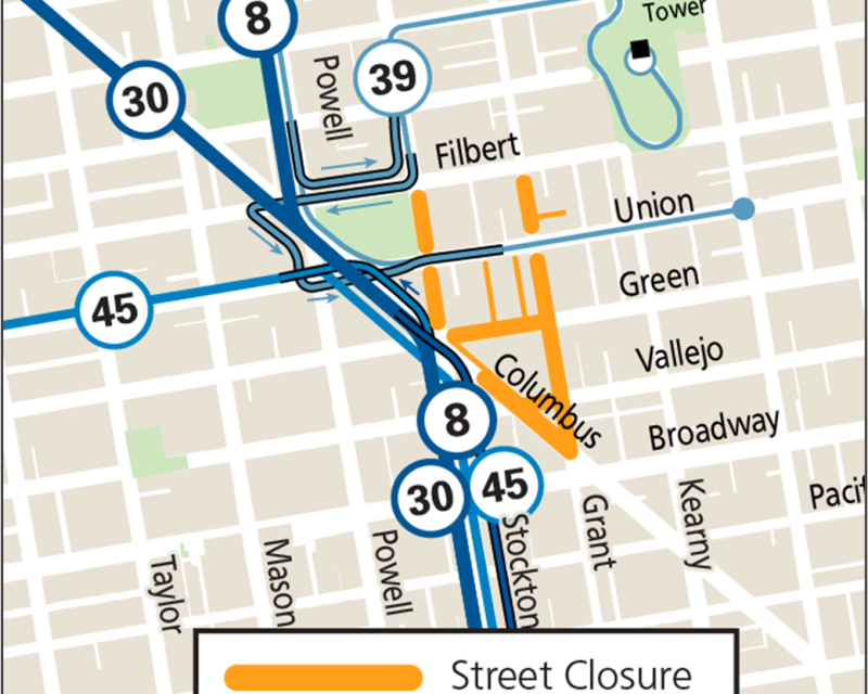 Map of Muni service changes during North Beach Festival 2024