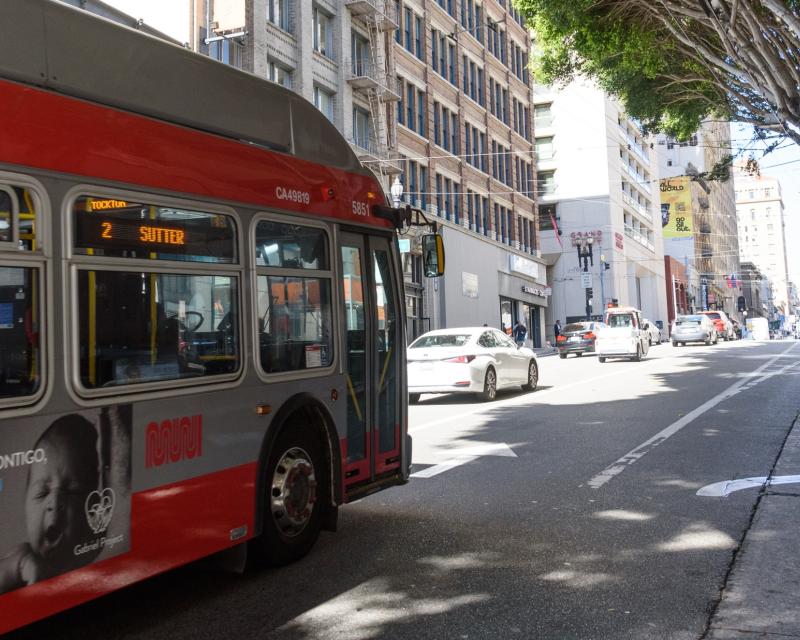 A 2 Sutter coach driving past trees downtown San Francisco.