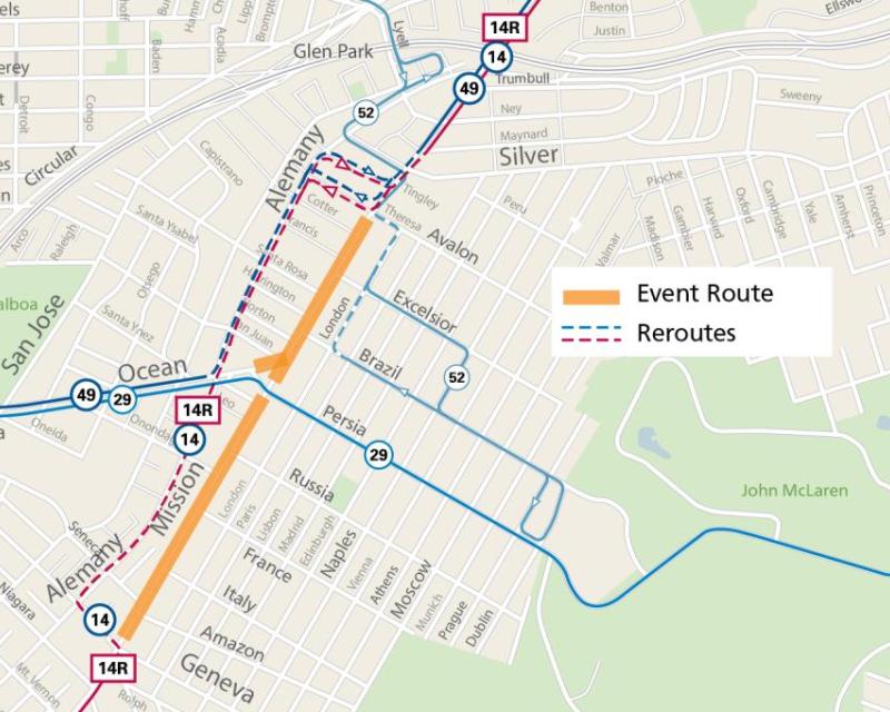 Map of Muni service changes during the Sunday Streets: Excelsior event on July 21, 2024