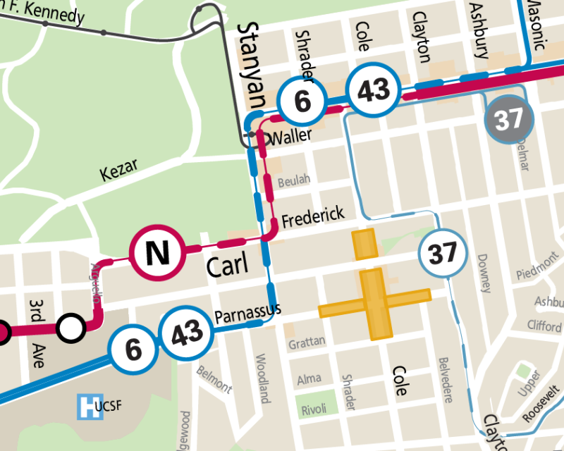 Map of Muni service changes during the Cole Valley Street Fair, Sept. 22, 2024