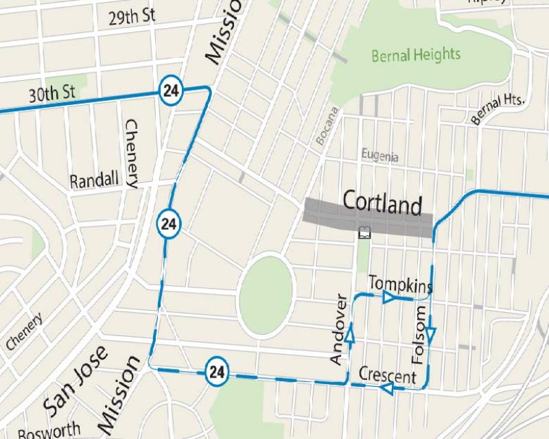 Map showing the Cortland Ave. street closures and associated reroute of the inbound & outbound 24 Divisadero Route during the 2024 Cortland Halloween event.