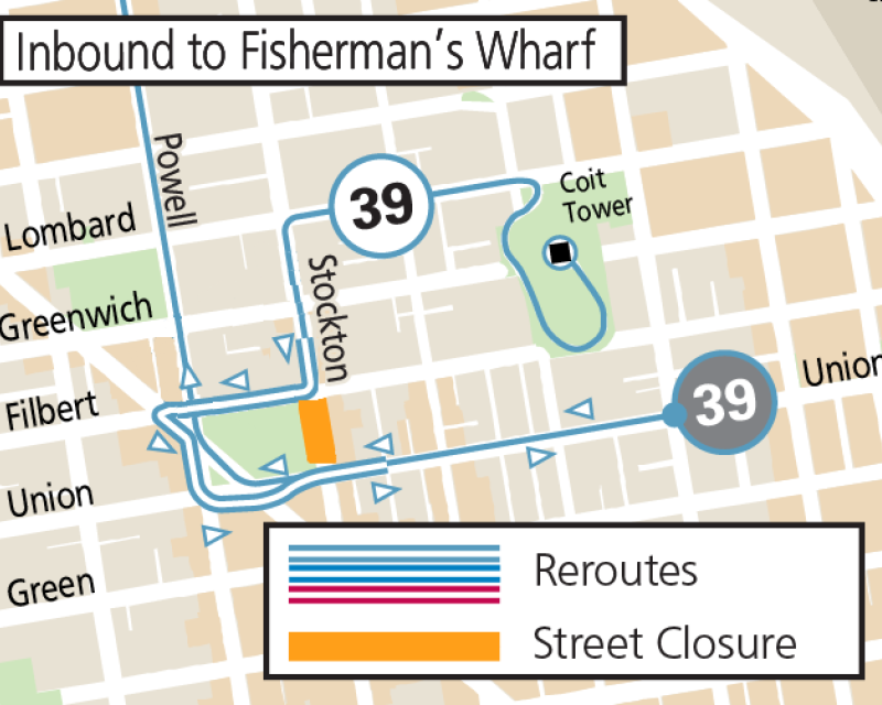Map of Inbound 39 Coit reroute around the street closure of Stockton between Filbert and Union