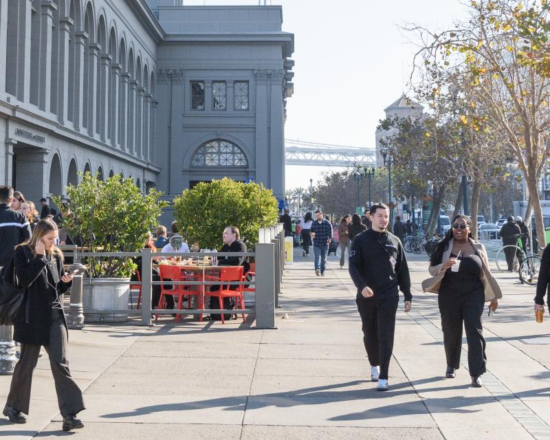View looking eastward of people walking along The Embarcadero near Pier 1/2.