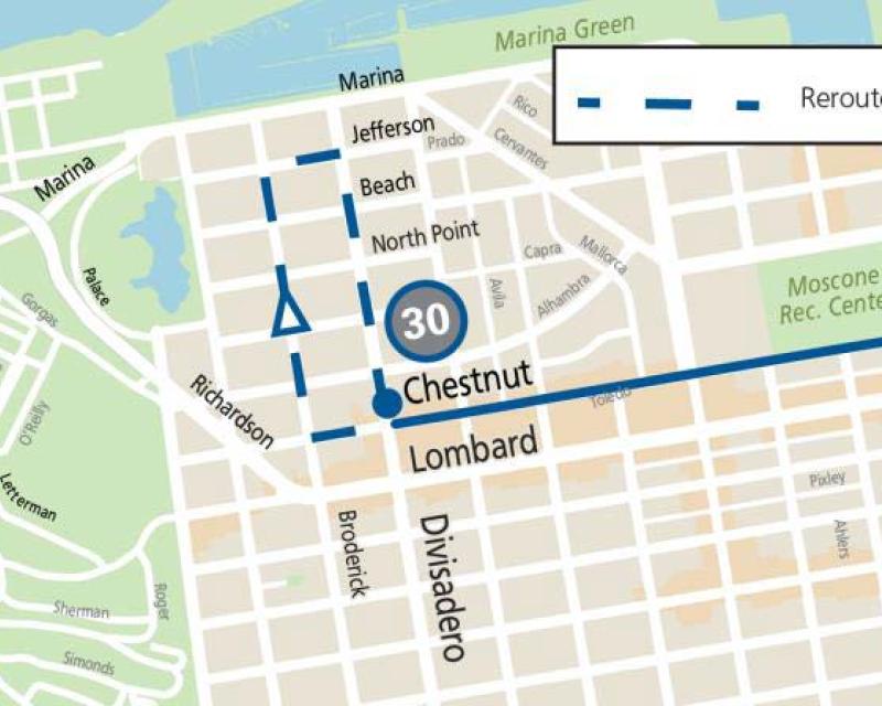 Map showing the northern reroute for the 30 Stockton during the Escape from Alcatraz Triathlon PTO event