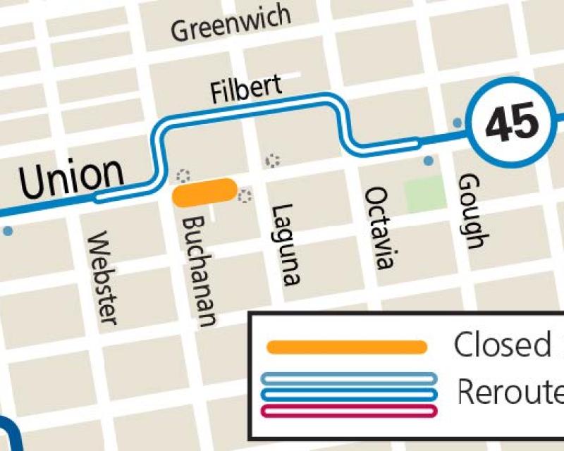 Map showing Union St. closure between Laguna & Buchanan, and the 45 Union/Stockton reroute around the closure, for the Bus Stop Saloon 125th Anniversary celebration on May 17, 2025