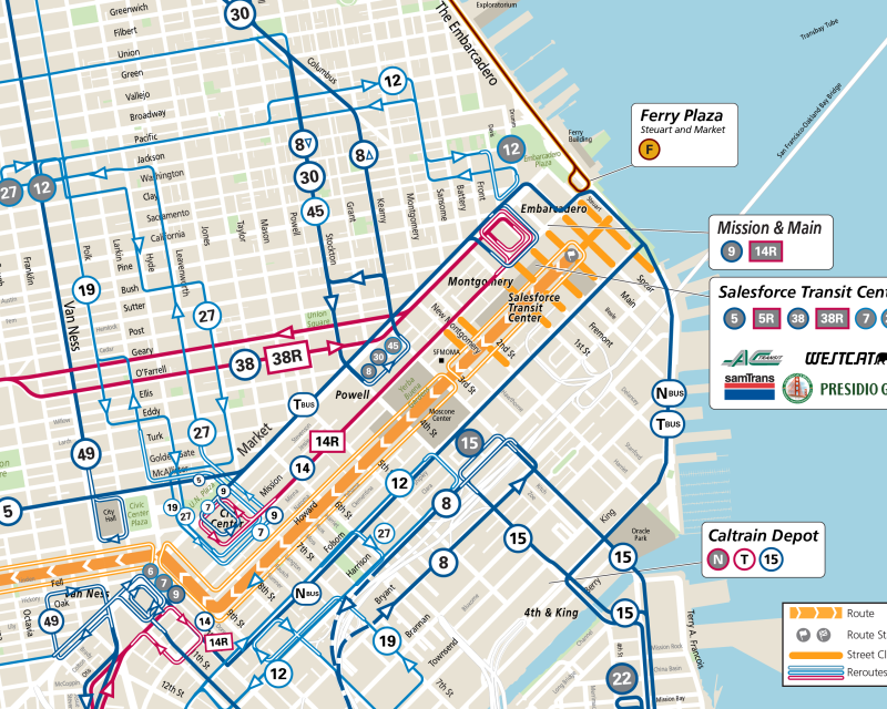 Map of all downtown Muni reroutes during Bay to Breakers 2025