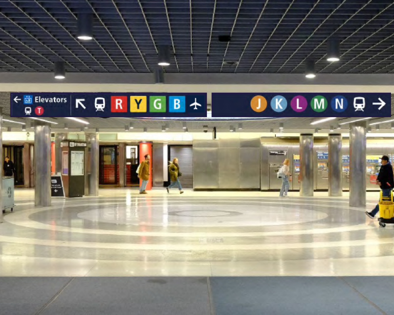 Simulation of wayfinding signs to be tested at Powell Station as part of the Regional Mapping and Wayfinding Project. 