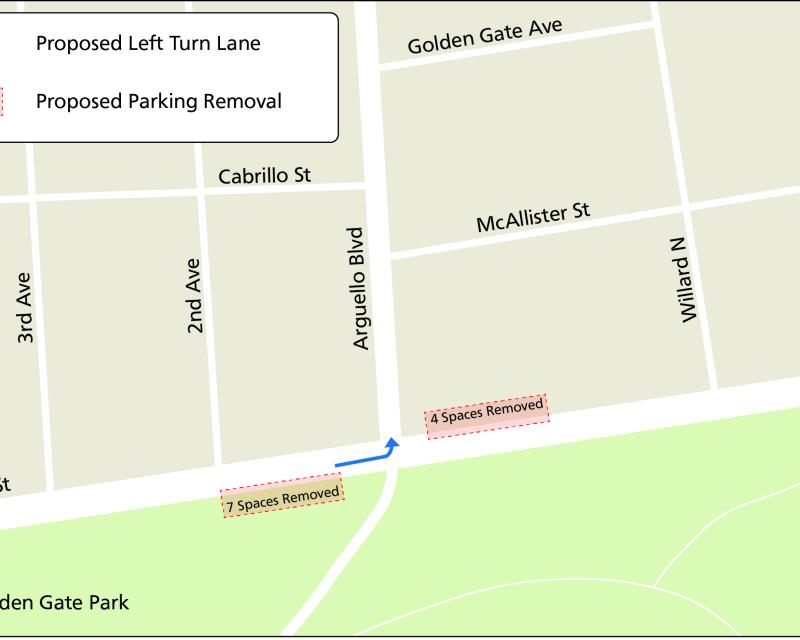 Map showing the approximate location of the proposed left turn pocket and the approximate area of parking to be removed.