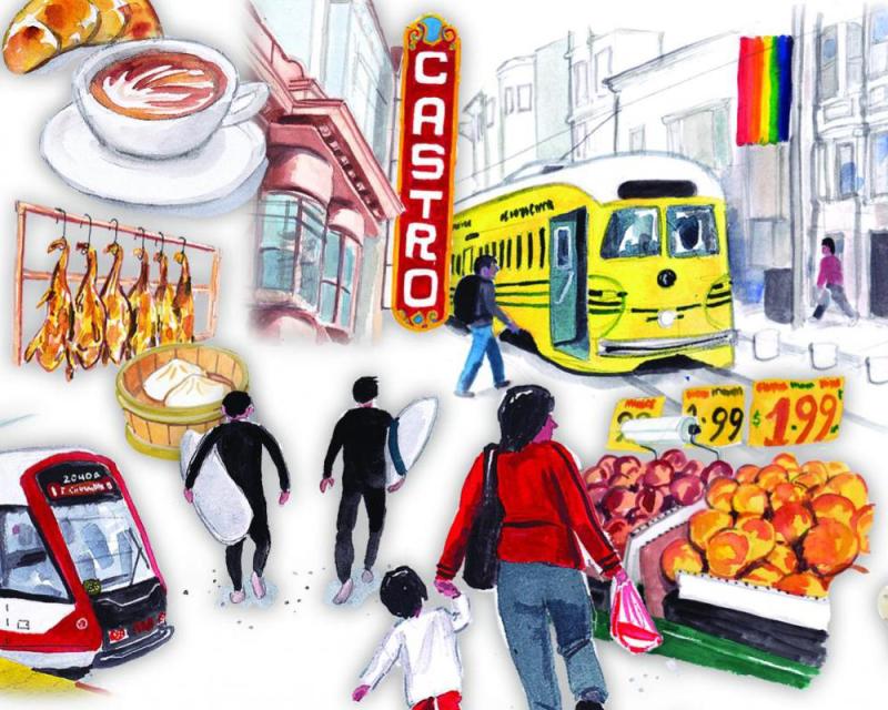 Illustration for Go Local campaign that celebrates neighborhoods across the city where you can support small businesses. Artwork includes images of historic streetcars, the Castro Theatre sign, Muni vehicles and more.