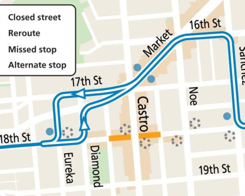 Map showing street closures and Muni service changes during the Castro Night Market event