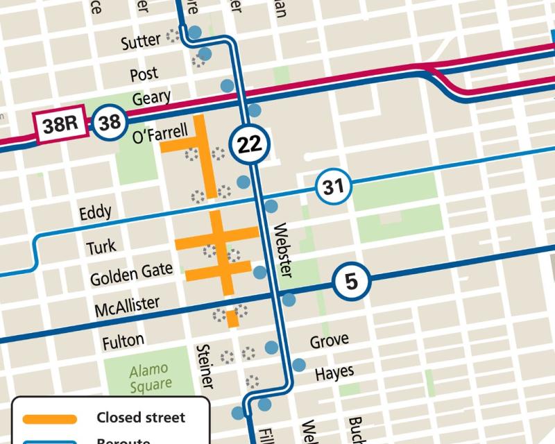 Map showing Muni reroutes in the Fillmore neighborhood during the Juneteenth Freedom Celebration