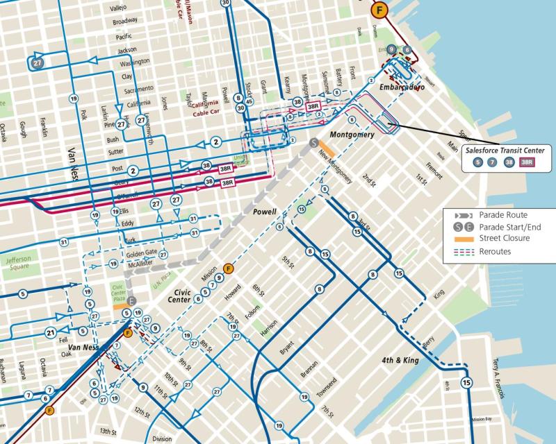 Map of Muni service reroutes during the annual Sikh Day Parada on Saturday, June 7, 2025