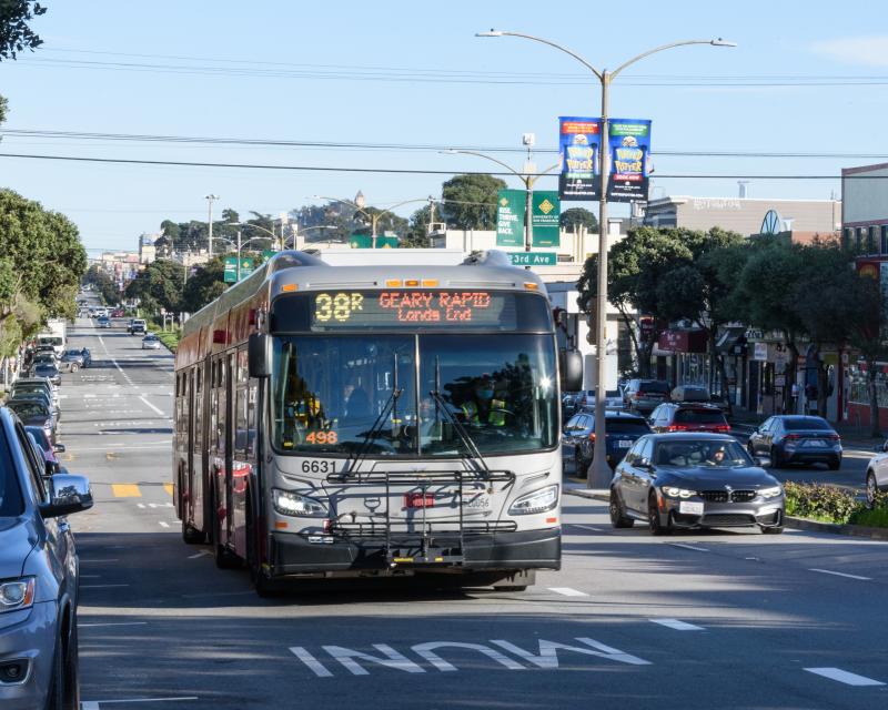 38R Geary Rapid bus drives on Geary in the Outer Richmond.
