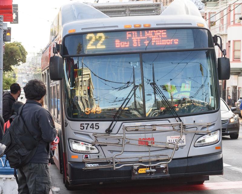 People waiting to board a 22 Fillmore bus at a bus shelter