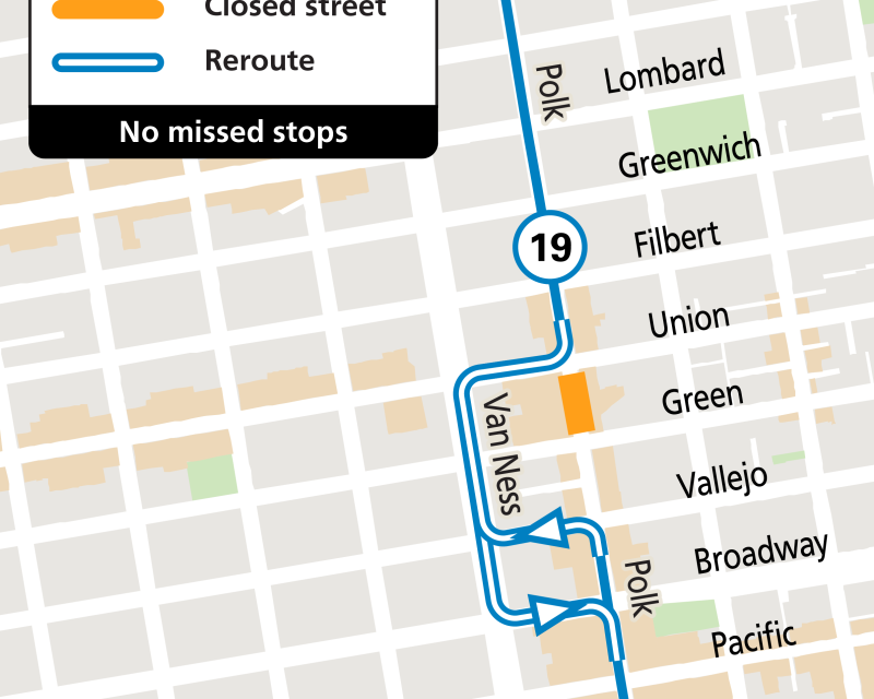Map showing 19 Polk reroute during Bar Iris Block Party