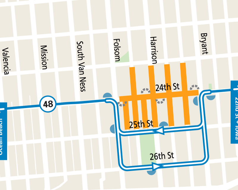 Map showing the 48 Quintara/24th Street reroute during Fiesta de las Americas