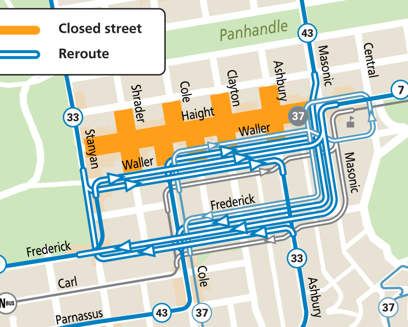 Map showing all Muni reroutes during Haight Ashbury Street Fair