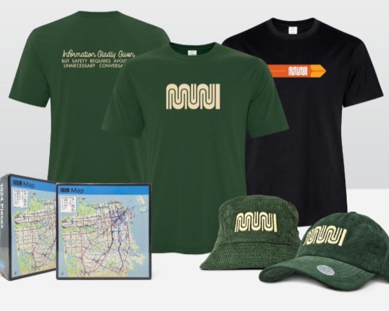 Graphic showing collection of new Muni merch -- including two shirts, two hats and a puzzle.