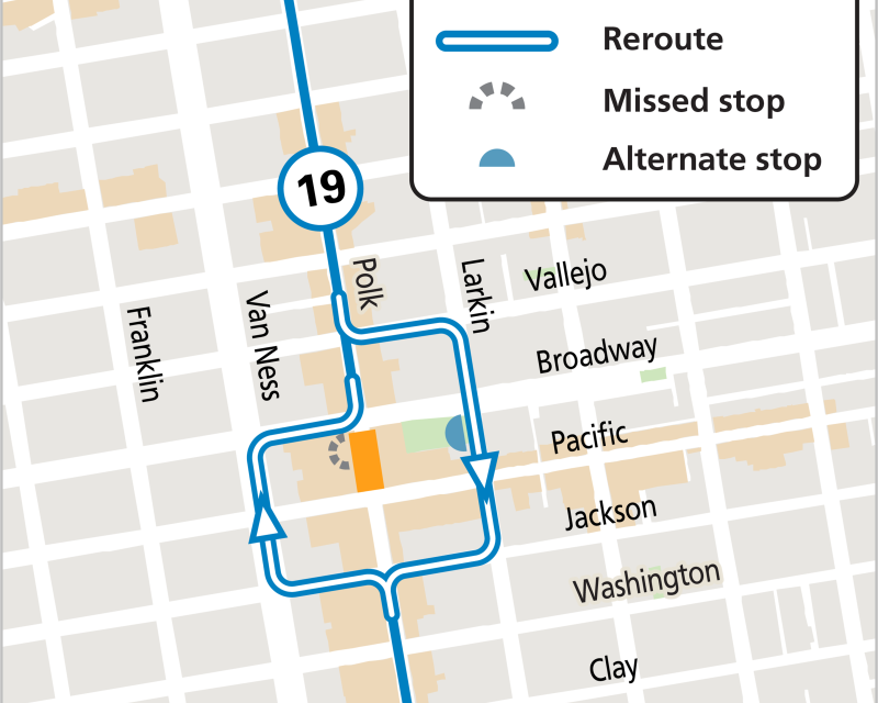 Map showing 19 Polk reroute for Shanghai Kelly's 40th Anniversary block party