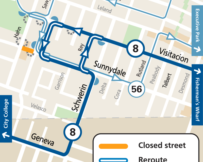 Map showing 8 Bayshore and 56 Rutland reroutes during River of Life Prayer Breakfast