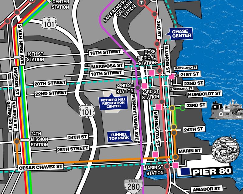 Map of street closures, Muni routes, event shuttles, and rideshare pick-up/drop-off locations during Portola Music Festival