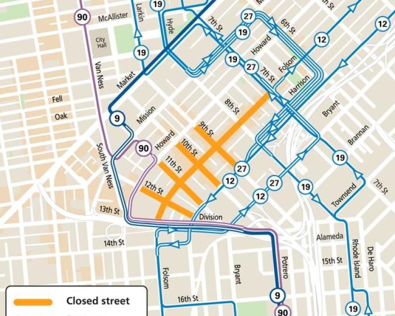 Map of street closures and Muni reroutes during the Folsom Street Fair