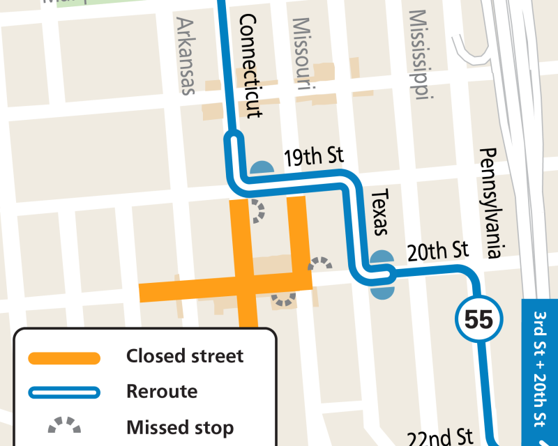 Map of street closures and Muni's 55 Dogpatch Route reroute during the Potrero Hill Festival