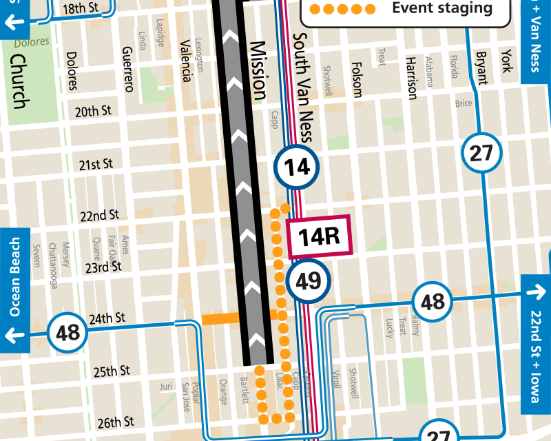 Map showing street closures and Muni service changes during Lowrider event in the Mission