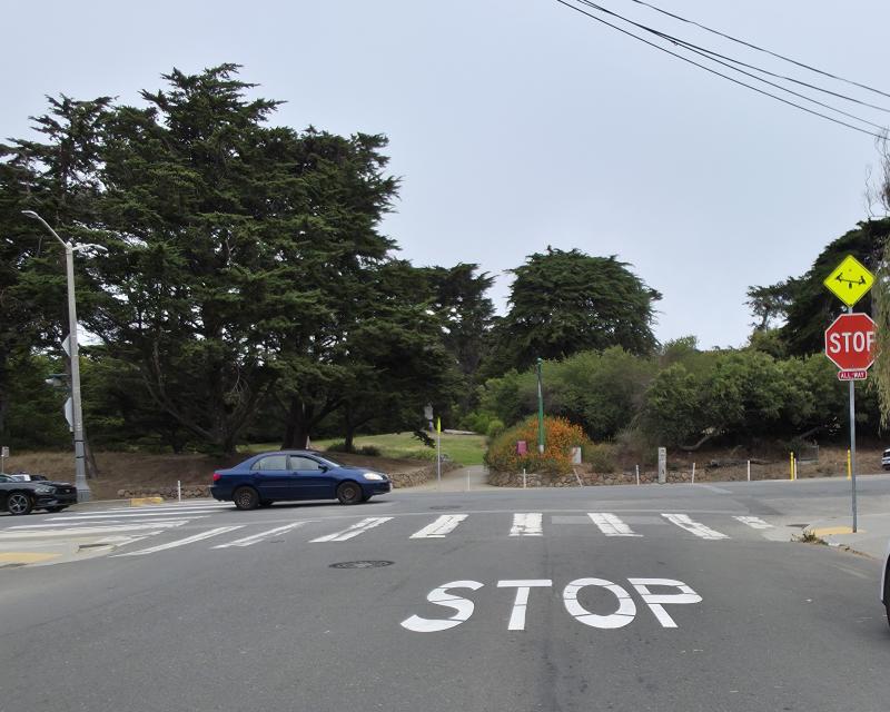 View of 45th Avenue and Lincoln Way intersection looking north towards Golden Gate Park