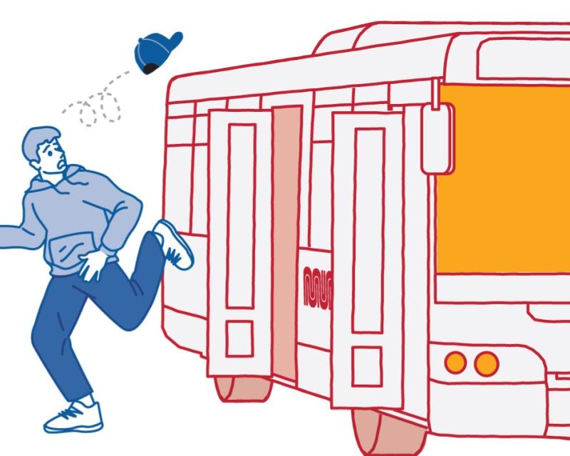 Cropped image of the Don't be a Dodger campaign art. Shows a man in a blue outfit losing his hat as he rushes out of an orange Muni bus.