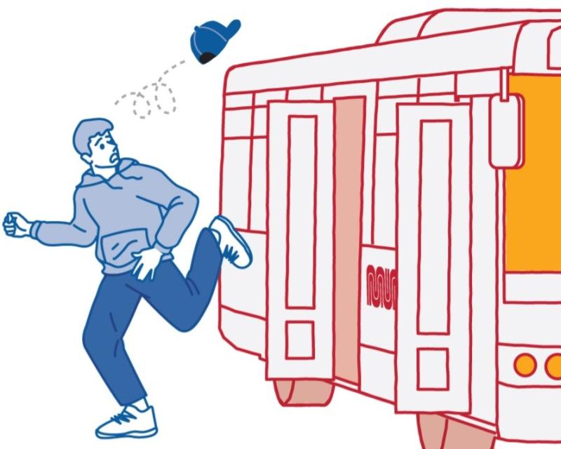 Man wearing blue loses his hat after rushing out of an orange Muni bus in a graphic for the "Don't be a Doger" campaign.
