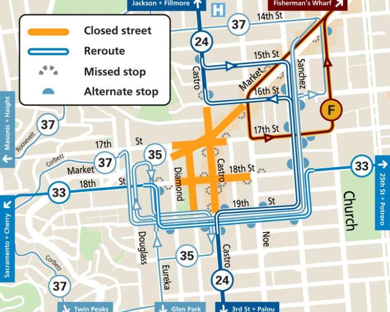 Map of street closures and Muni reroutes during the Castro Street Fair