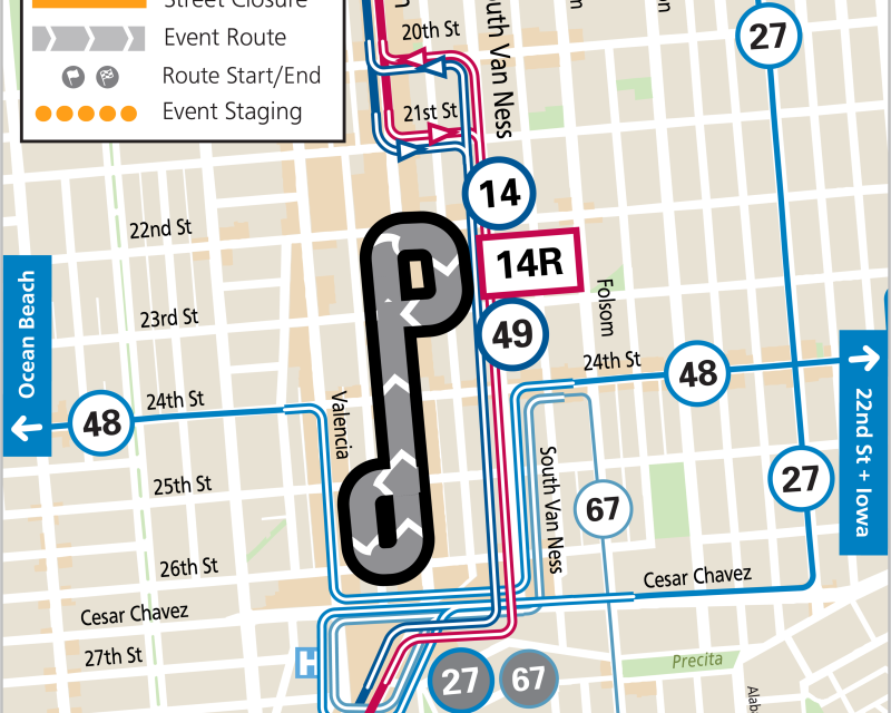 Map showing lowrider cruise route, street closures and Muni reroutes for Cold Frisco Nights Lowrider Car Show & Cruise