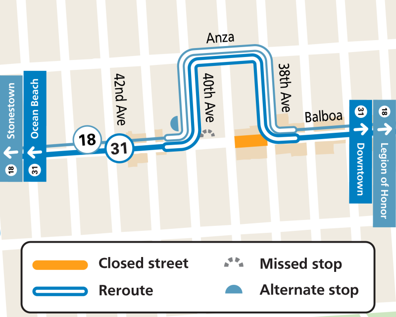 Map showing street closures and Muni service changes for the Gus's 60th Anniversary event on Balboa Street