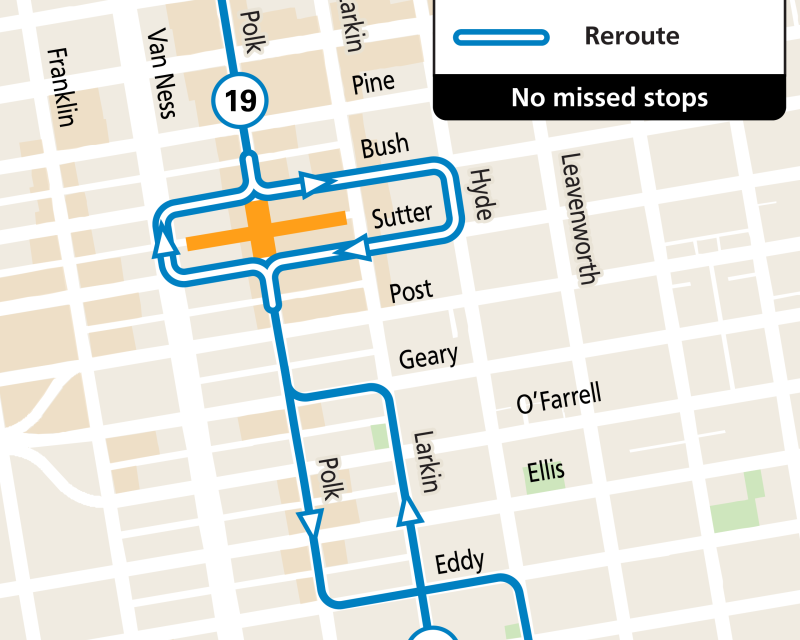 Map showing street closures and Muni service changes during Lower Polk Live