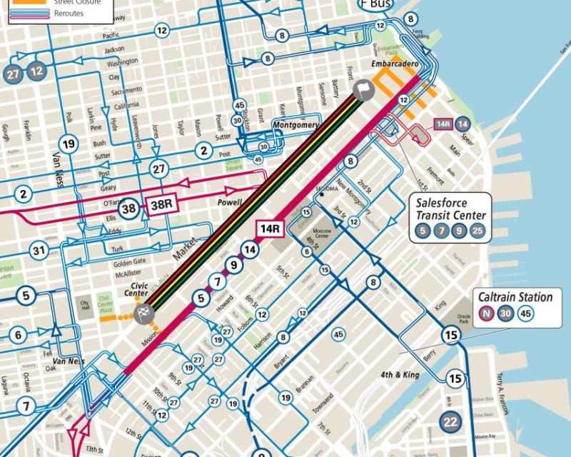 Map showing all street closures and Muni reroutes from Market Street during the 10/18 "No Kings" protest march.