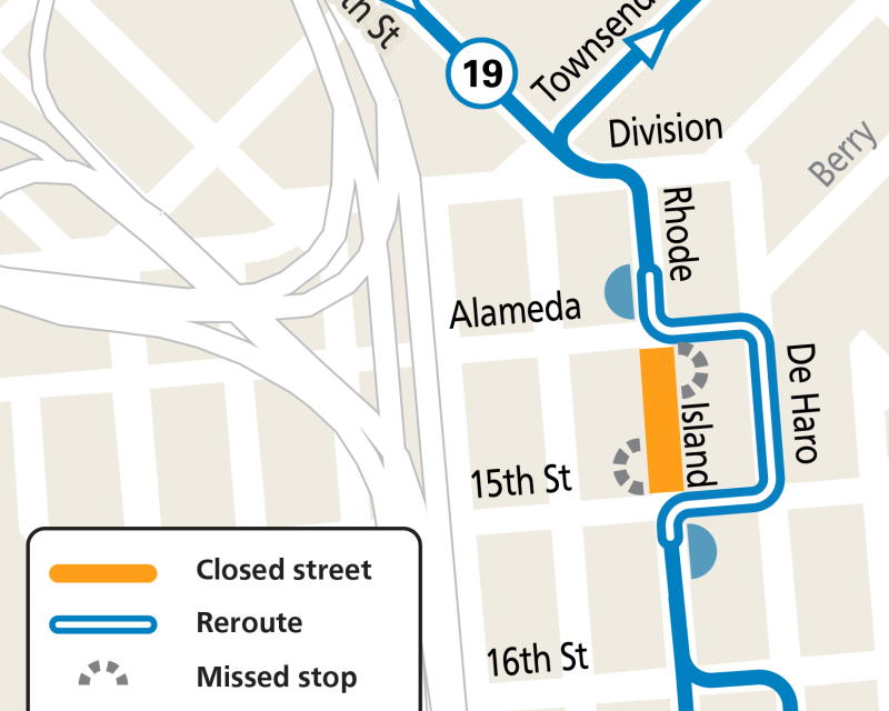 Map showing street closures and Muni reroute of the 19 Polk Route during the Plate by Plate event in SoMa