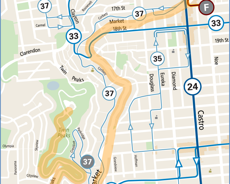Map showing demonstration/protest route along Portola and Market streets, as well as Muni service changes in the affected areas