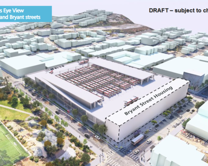 Draft rendering of the Potrero Yard Modernization Project - a bird's eye view from 17th and Bryant streets.