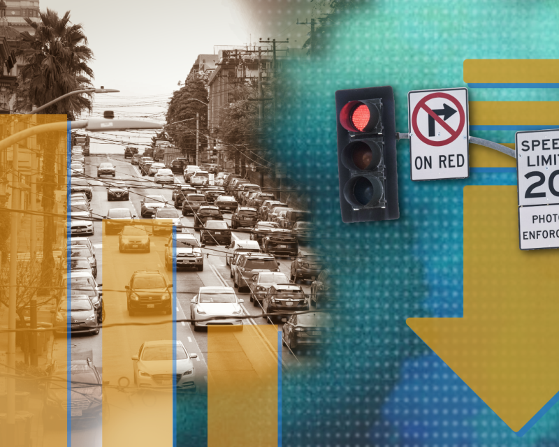 Infographic with a yellow bar chart that has lines moving lower and lower near a down arrow, with cars and speed limit signs in the background.