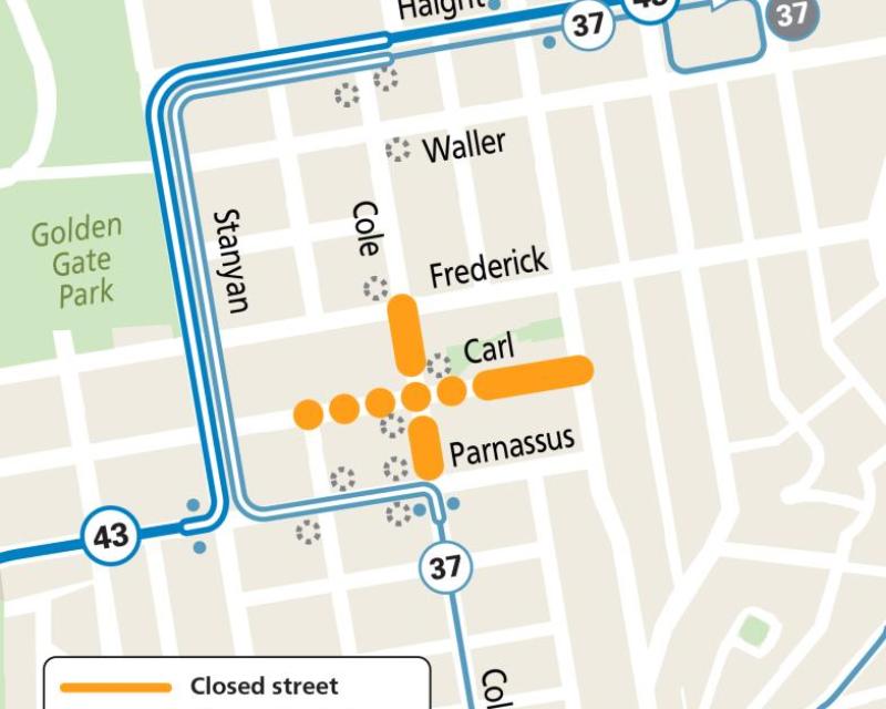 Map of Muni service changes during Cole Valley Nights event