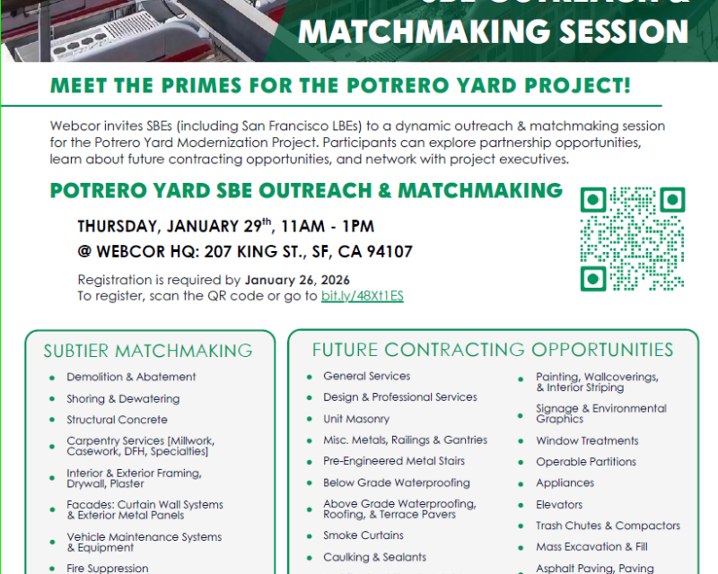 Flyer advertising SBE Outreach & Matchmaking Session for the Potrero Bus Yard Project