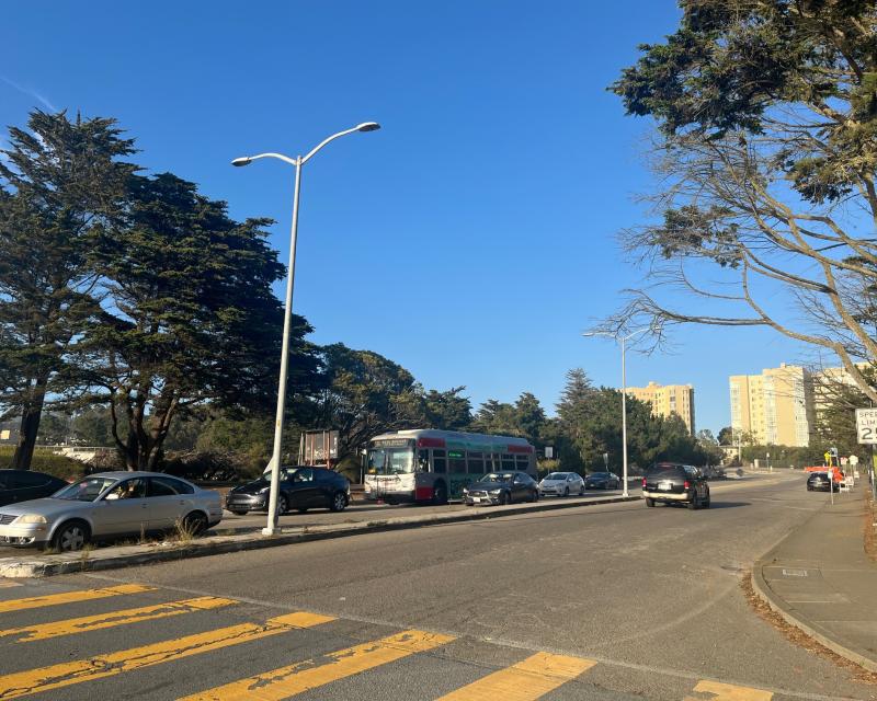 view of Winston Drive from southeast corner of Lake Merced Blvd