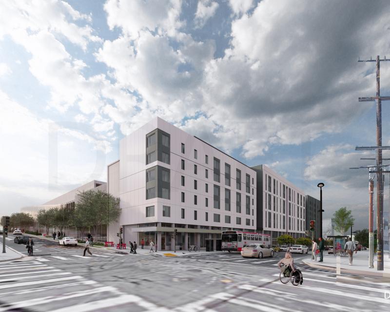 rendering showing modern bus facility with adjacent housing units