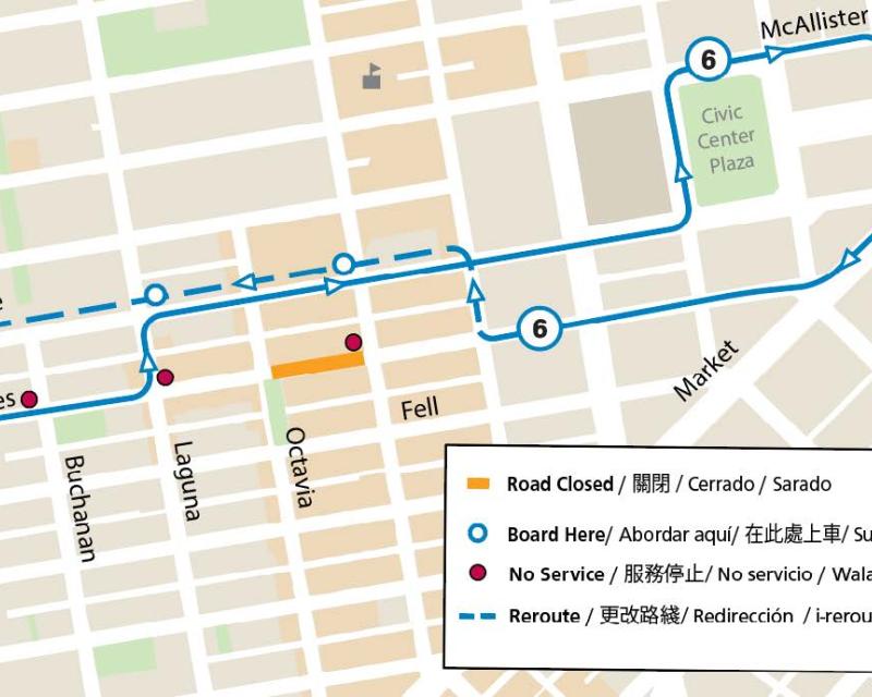 Map showing event location, street closures, and Muni reroute during 2026 Hayes Valley Shared Spaces events