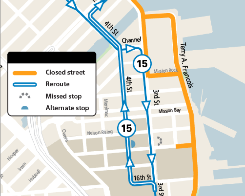 Map showing street closures and reroute of the 15 Express during the Golden State 5K