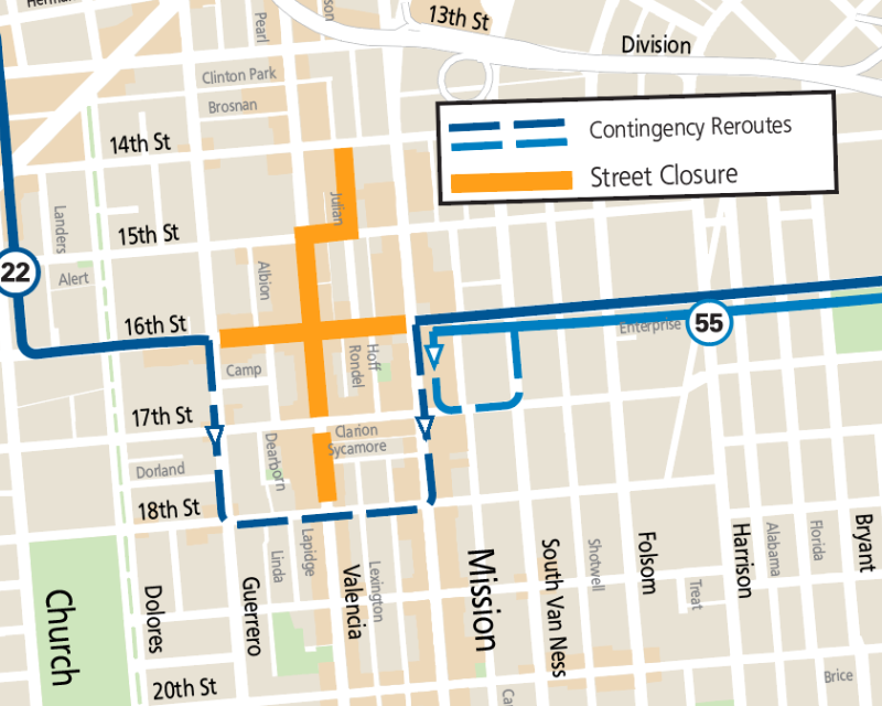 Map showing street closures and Muni reroutes during the American Indian Cultural District celebration on Valencia St.