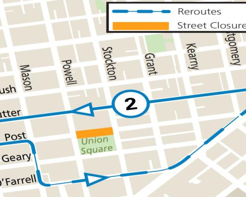 Map showing the 2 Sutter reroute during the annual Tulip Day in Union Square