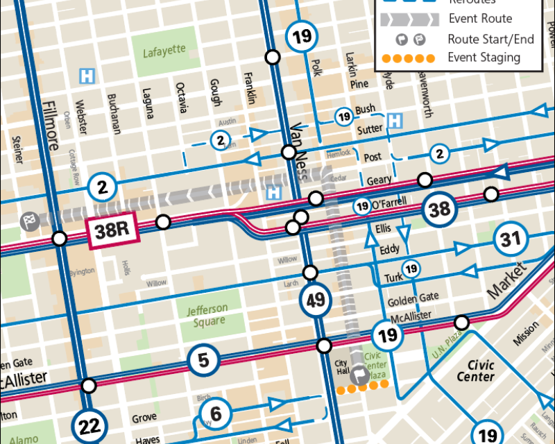 Map showing Muni service reroutes during the annual Cherry Blossom Parade